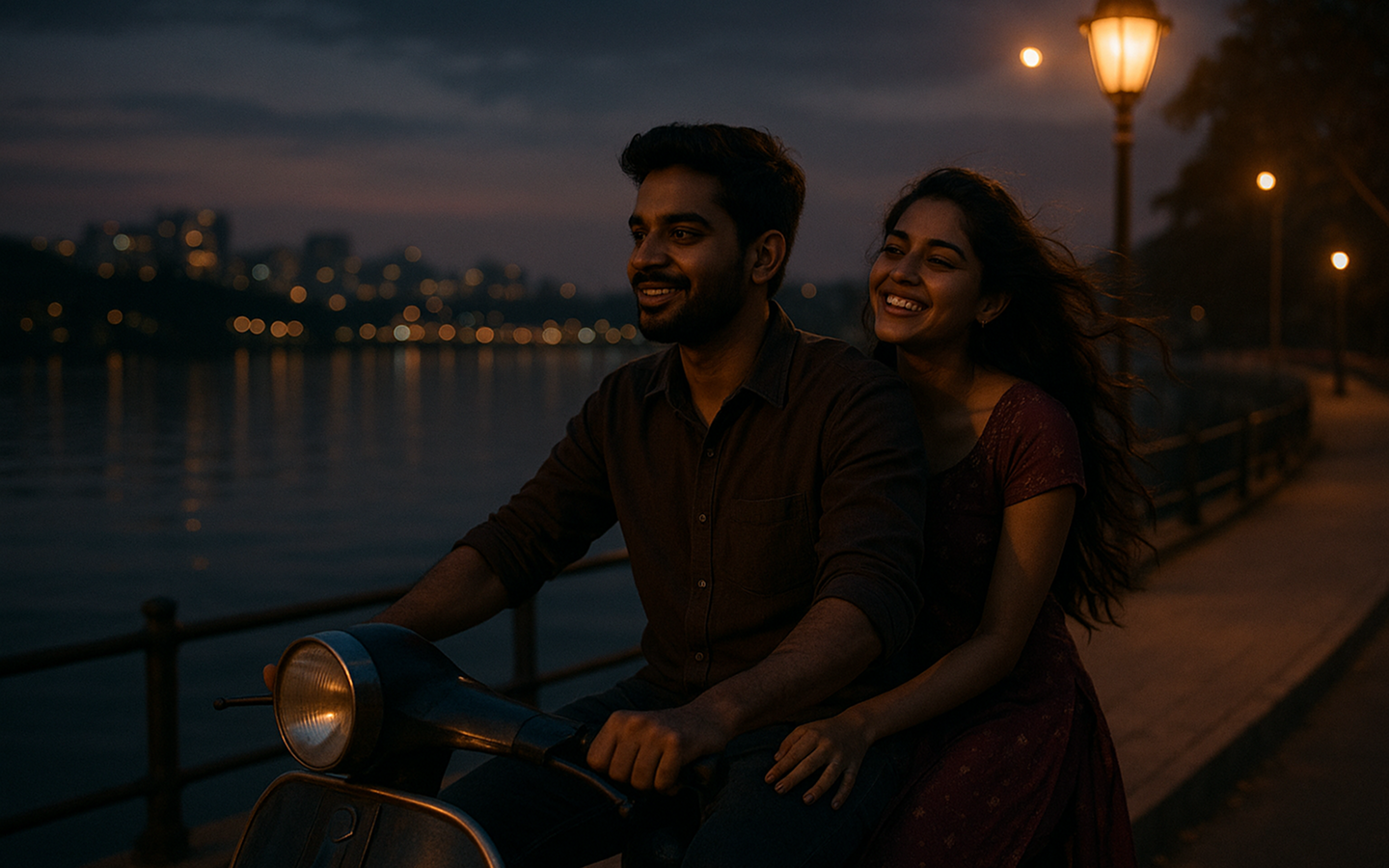 Couple riding a scooter at night
